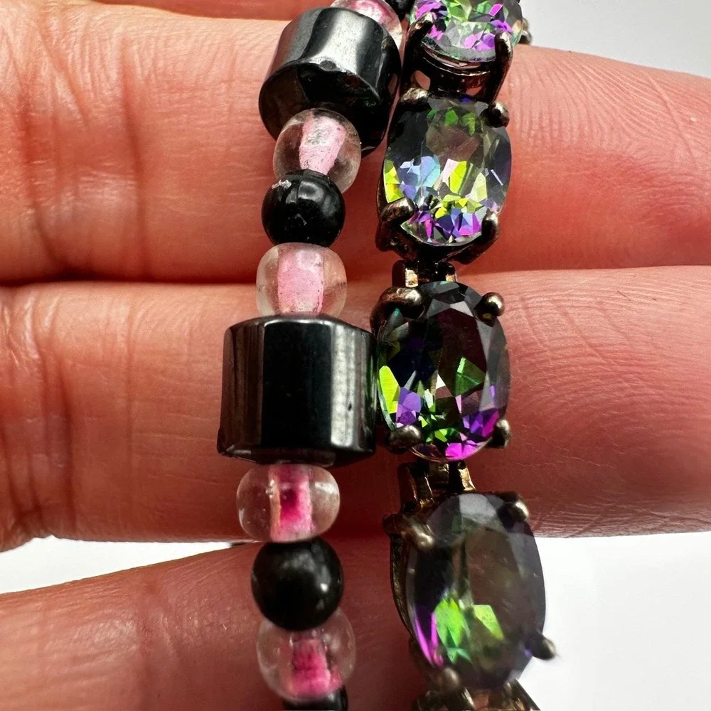 Vintage 90's Black & Pink Hematite Magnetic‎ Necklace & Wrap Bracelet Set Retro